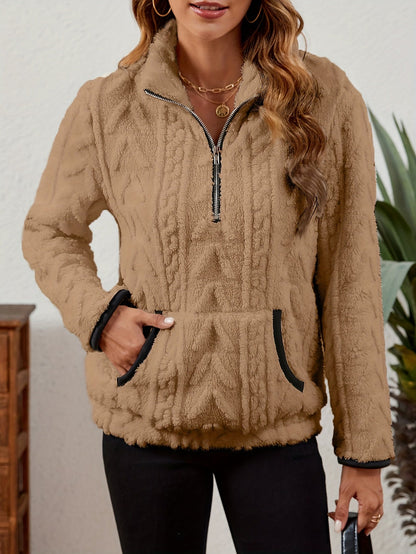 Sherpa Fleece Half-Zip Pullover – Textured Long Sleeve with Kangaroo Pocket