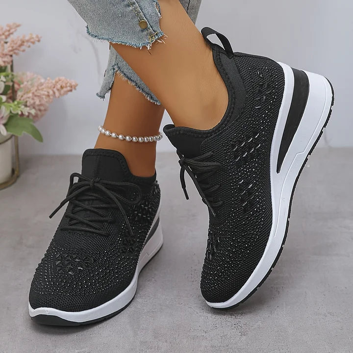 Rhinestone Knit Wedge Sneakers – Lace-Up Casual Platform Shoes
