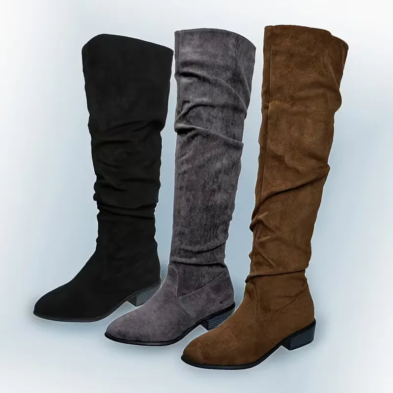 Faux Suede Over-the-Knee Slouch Boots – Block Heel Slip-On