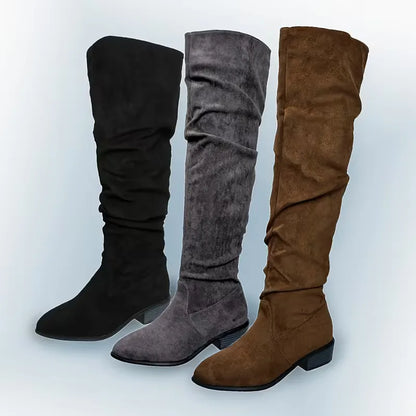 Faux Suede Over-the-Knee Slouch Boots – Block Heel Slip-On