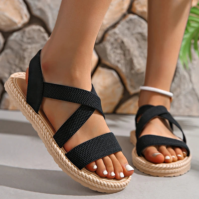 Elastic Strap Espadrille Flatform Sandals – Cross-Band Open Toe Summer