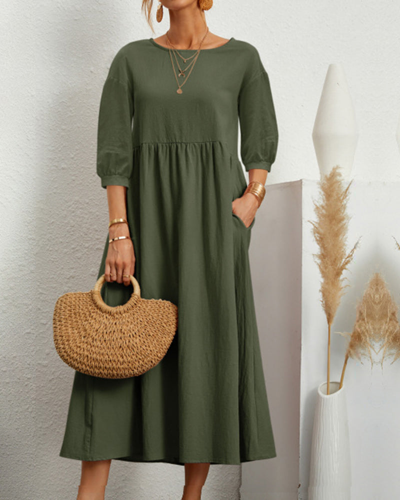 Smocked Waist Midi Dress – Puff Sleeve Round Neck A-Line