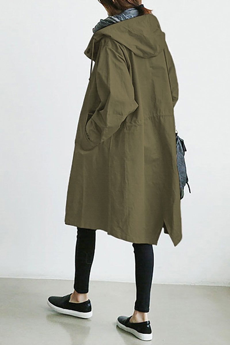 Button-Front Hooded Rain Coat – Knee-Length Loose Fit