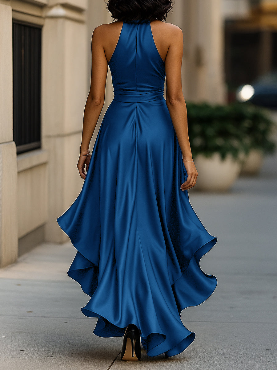 Women's Satin Halter Dress – High Low Ruffle Skirt Formal Evening Dress