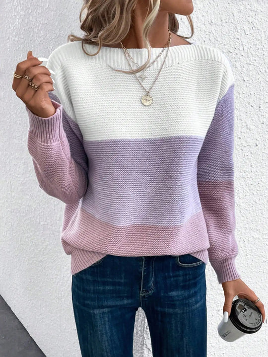 Color Block Knit Pullover Sweater – Crew Neck Long Sleeve Women's Jumper