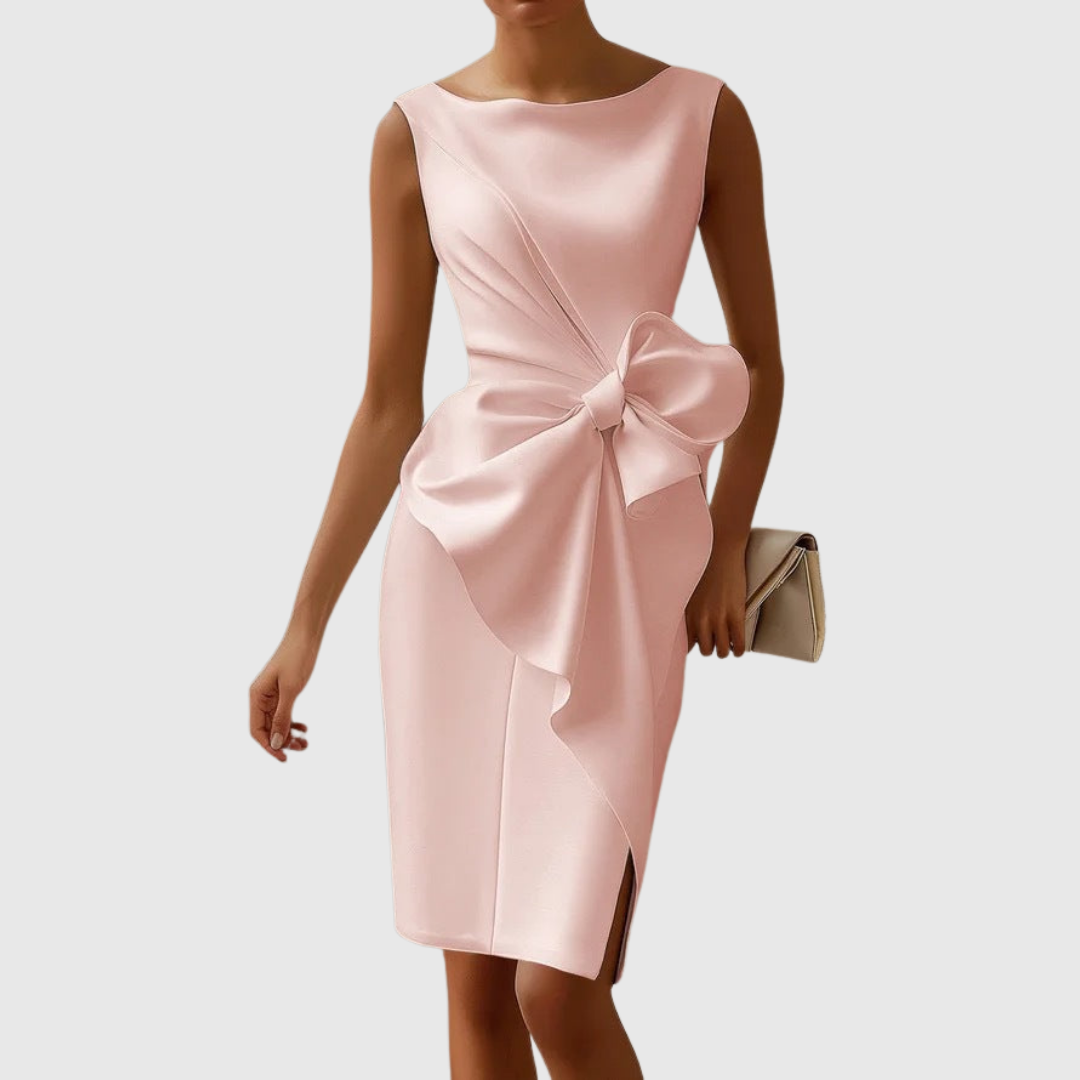 Sleeveless Bow Midi Dress – Bodycon Pencil Party Dress with Side Slit