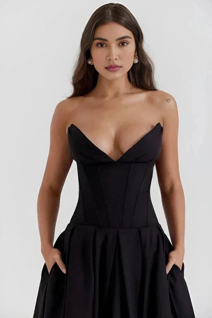 Women's Strapless Corset Midi Dress – Sweetheart Neckline A-Line Party Dress