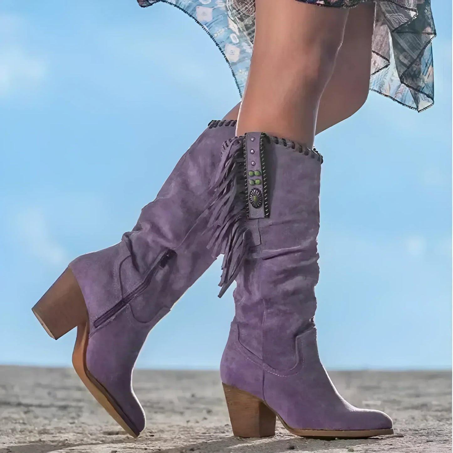 Fringe Knee-High Cowboy Boots – Slouch Block Heel Western Boots