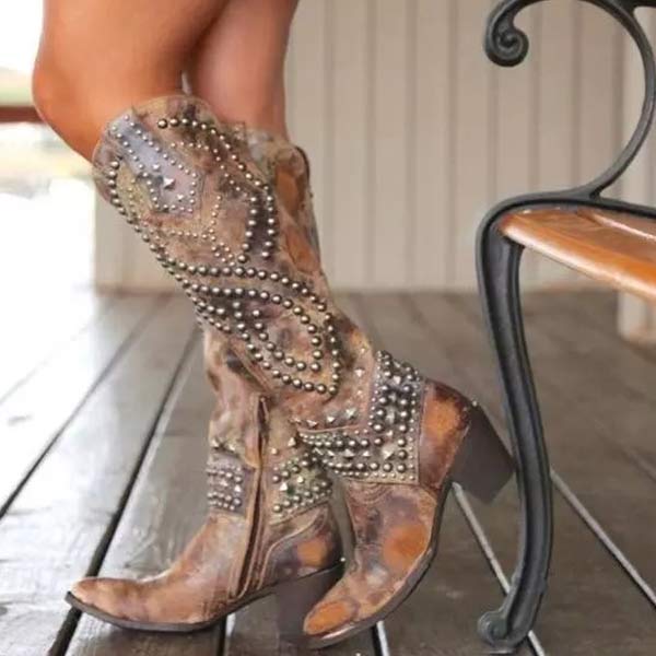 Studded Knee-High Western Boots – Distressed Faux Leather Block Heel