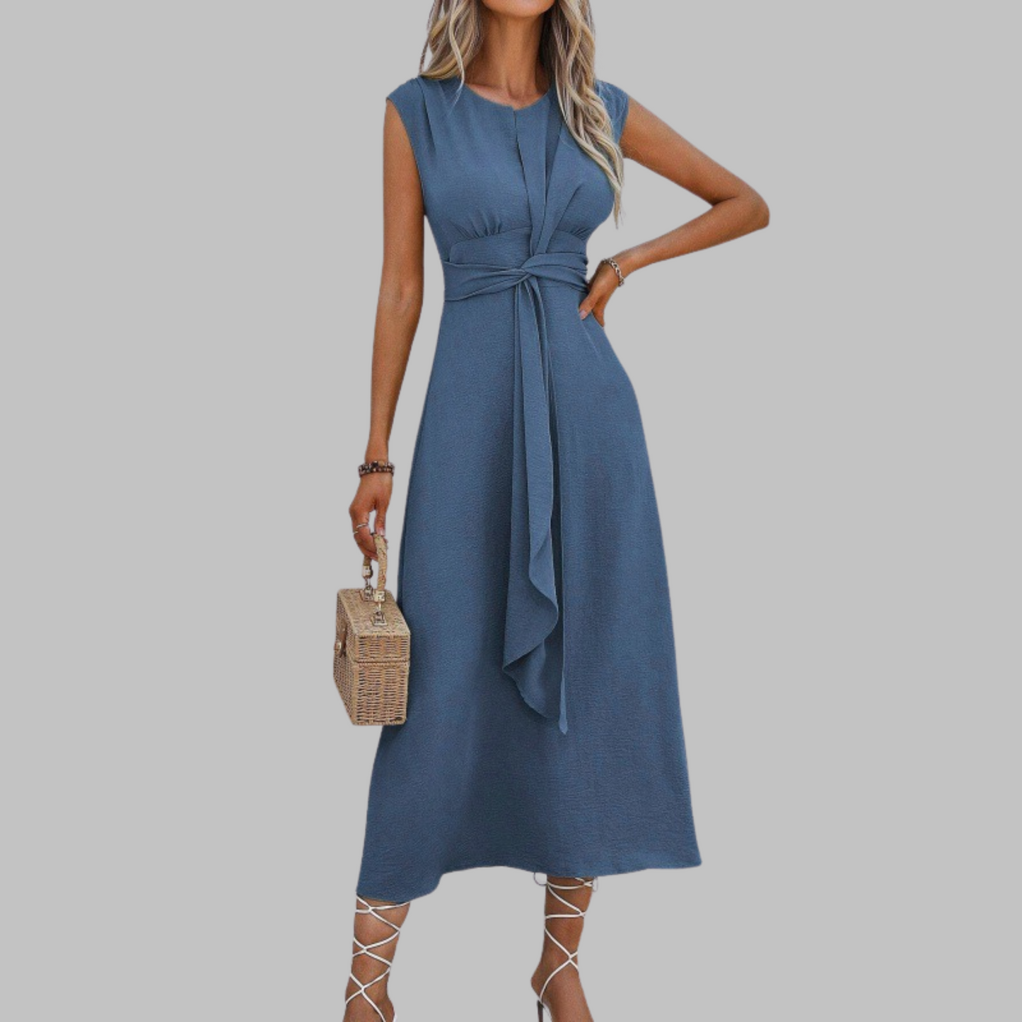 Sleeveless Tie Waist Maxi Dress – A-Line Round Neck Dress