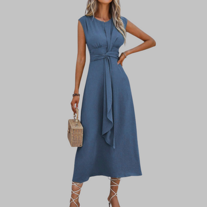 Sleeveless Tie Waist Maxi Dress – A-Line Round Neck Dress