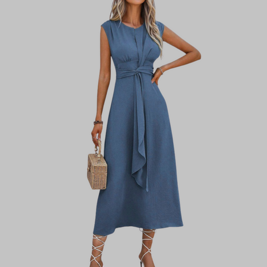 Sleeveless Tie Waist Maxi Dress – A-Line Round Neck Dress