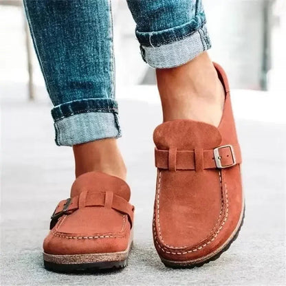 Women's Flat Buckle Mules – Faux Suede Slip-On Clogs with Cork Sole
