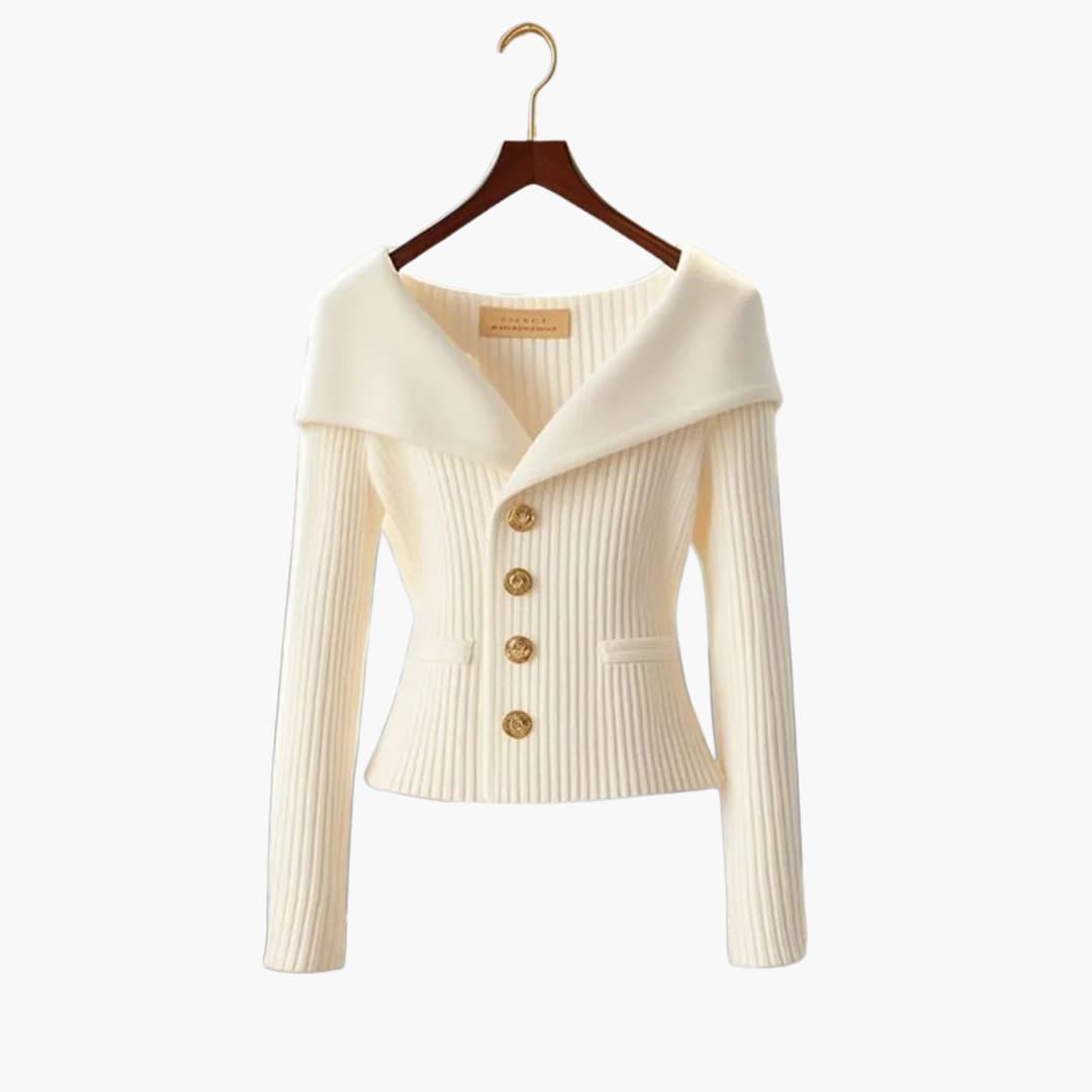 Off-Shoulder Ribbed Knit Cardigan – Button-Front Cropped Top