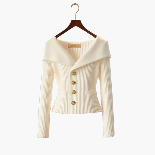 Off-Shoulder Ribbed Knit Cardigan – Button-Front Cropped Top