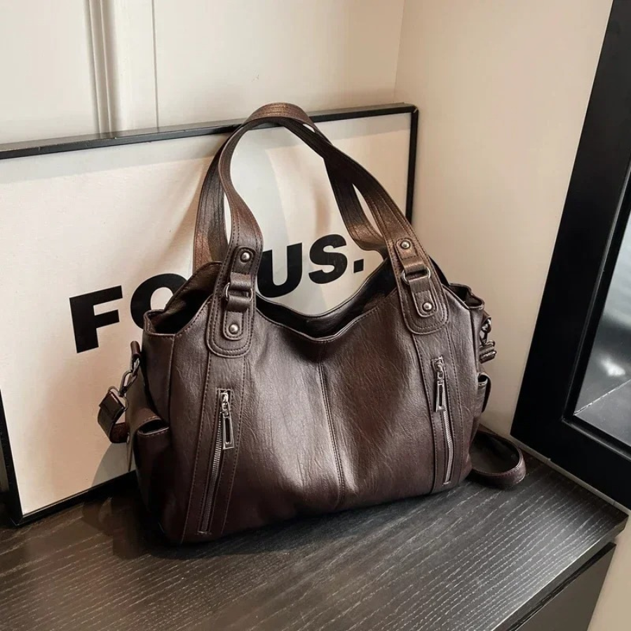 Vegan Leather Shoulder Bag – Large Multi-Pocket Crossbody Tote