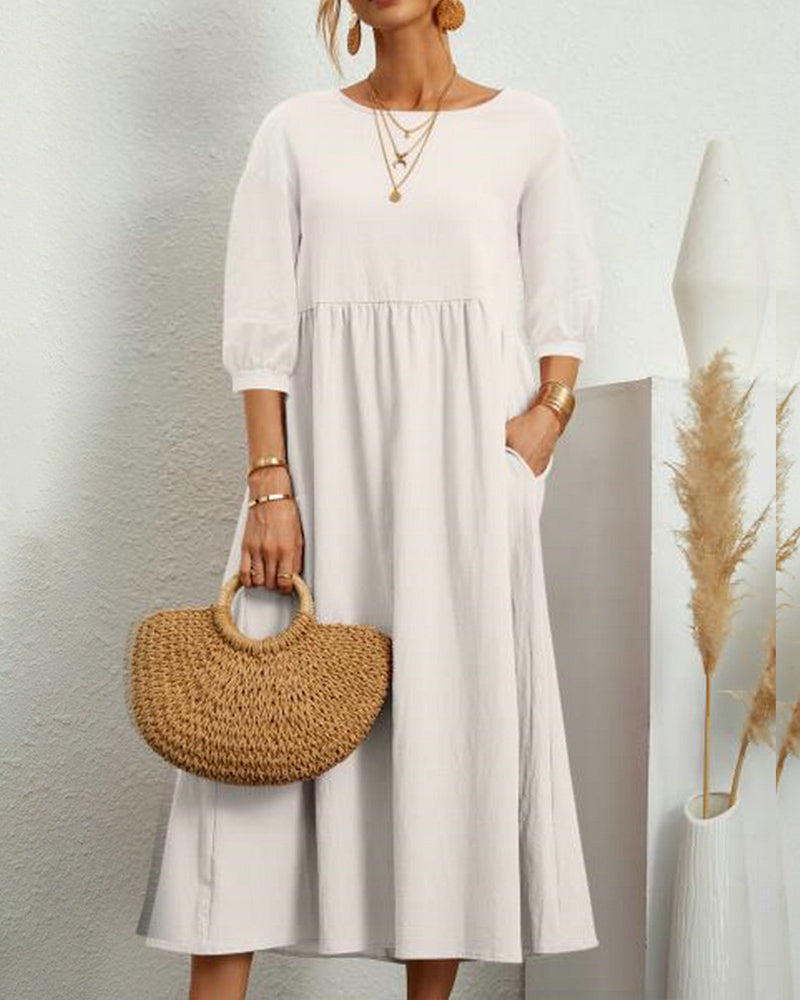 Smocked Waist Midi Dress – Puff Sleeve Round Neck A-Line