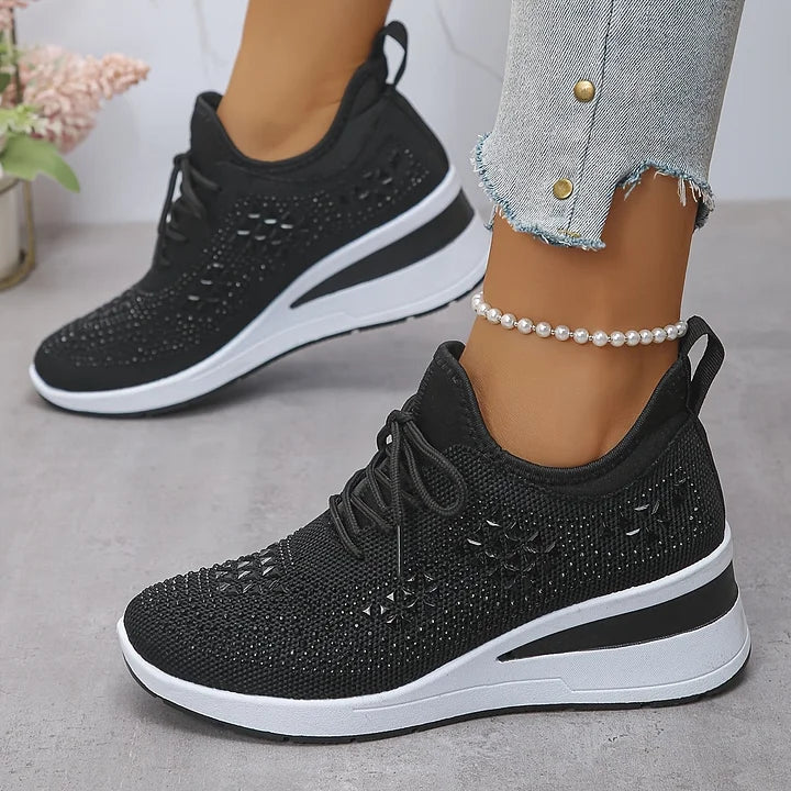 Rhinestone Knit Wedge Sneakers – Lace-Up Casual Platform Shoes