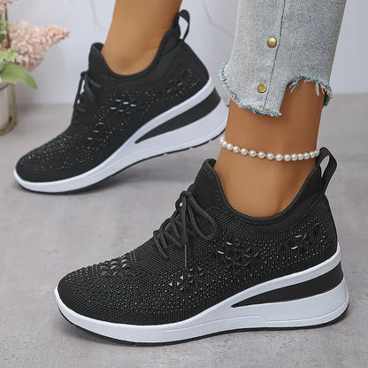 Rhinestone Knit Wedge Sneakers – Lace-Up Casual Platform Shoes