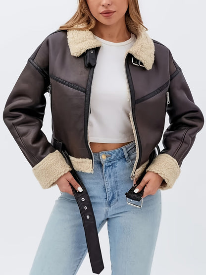 Faux Leather Shearling Moto Jacket – Cropped Belted Aviator