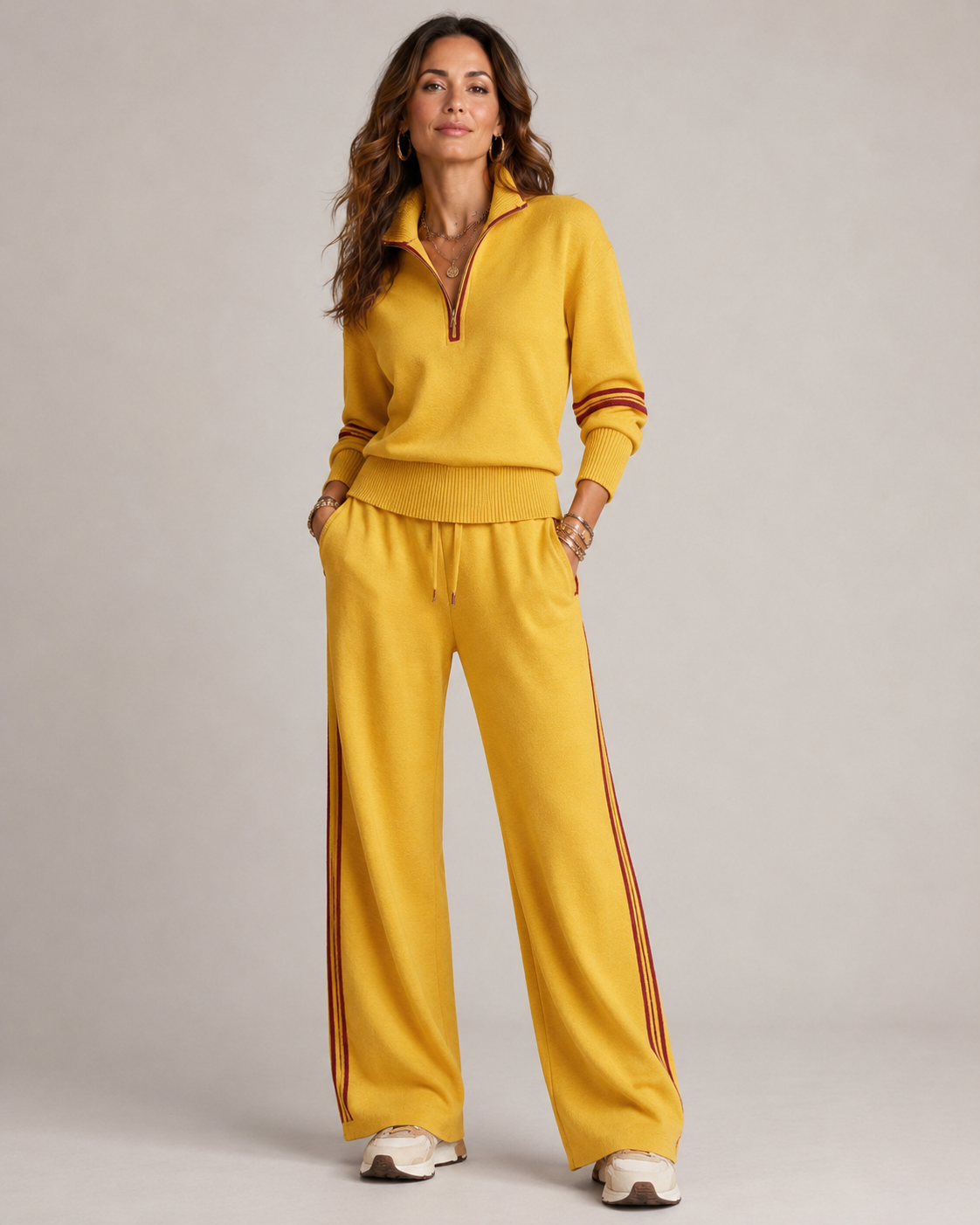 Knit Half-Zip Two-Piece Set – Wide-Leg Pants Stripe Detail