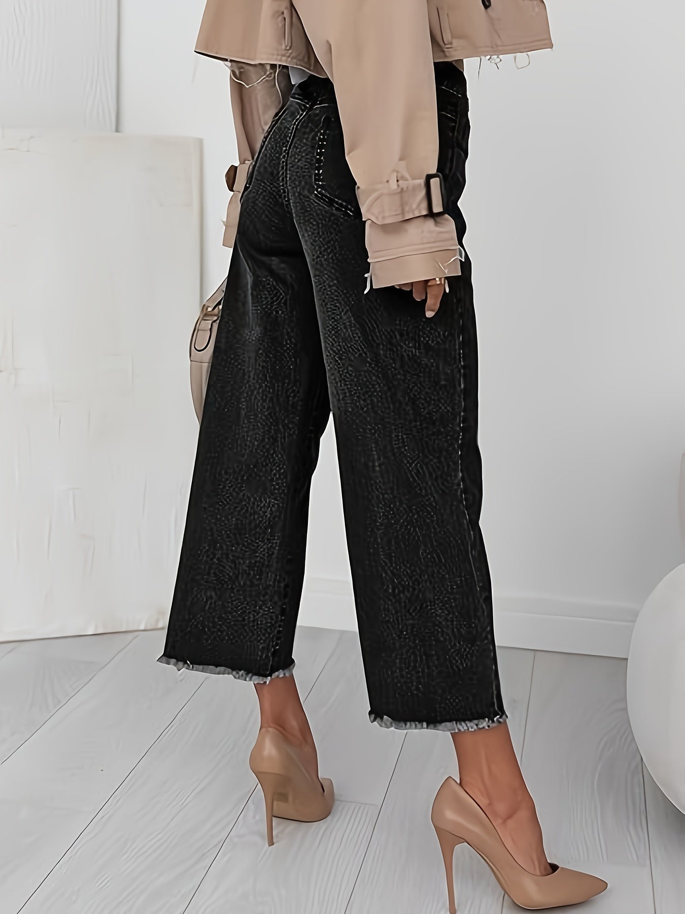 High Waist Wide Leg Cropped Jeans – Raw Hem Dark Wash Denim