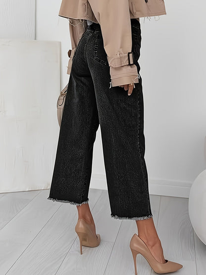 High Waist Wide Leg Cropped Jeans – Raw Hem Dark Wash Denim