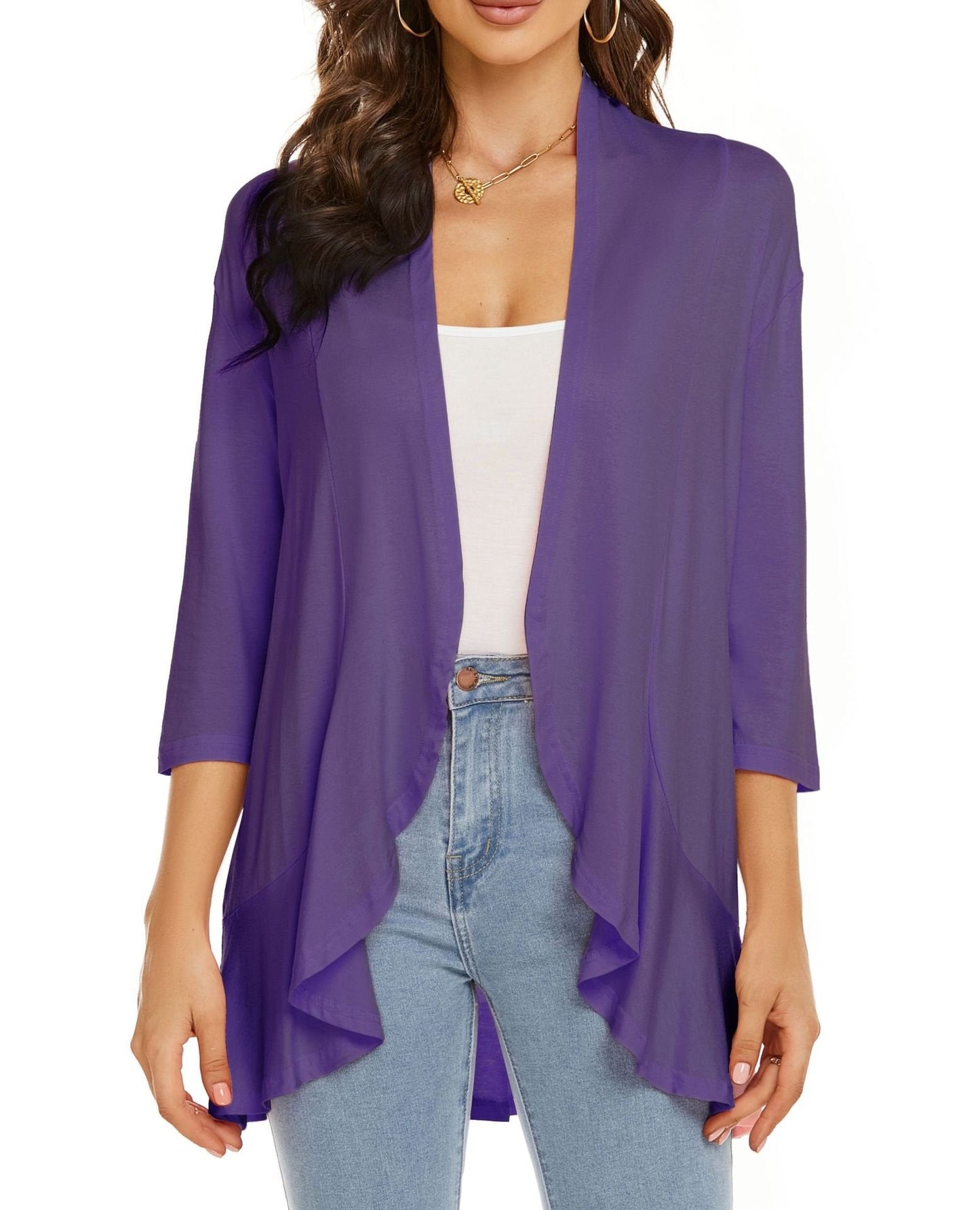 Open Front Draped Cardigan – Women's 3/4 Sleeve Lightweight Layer