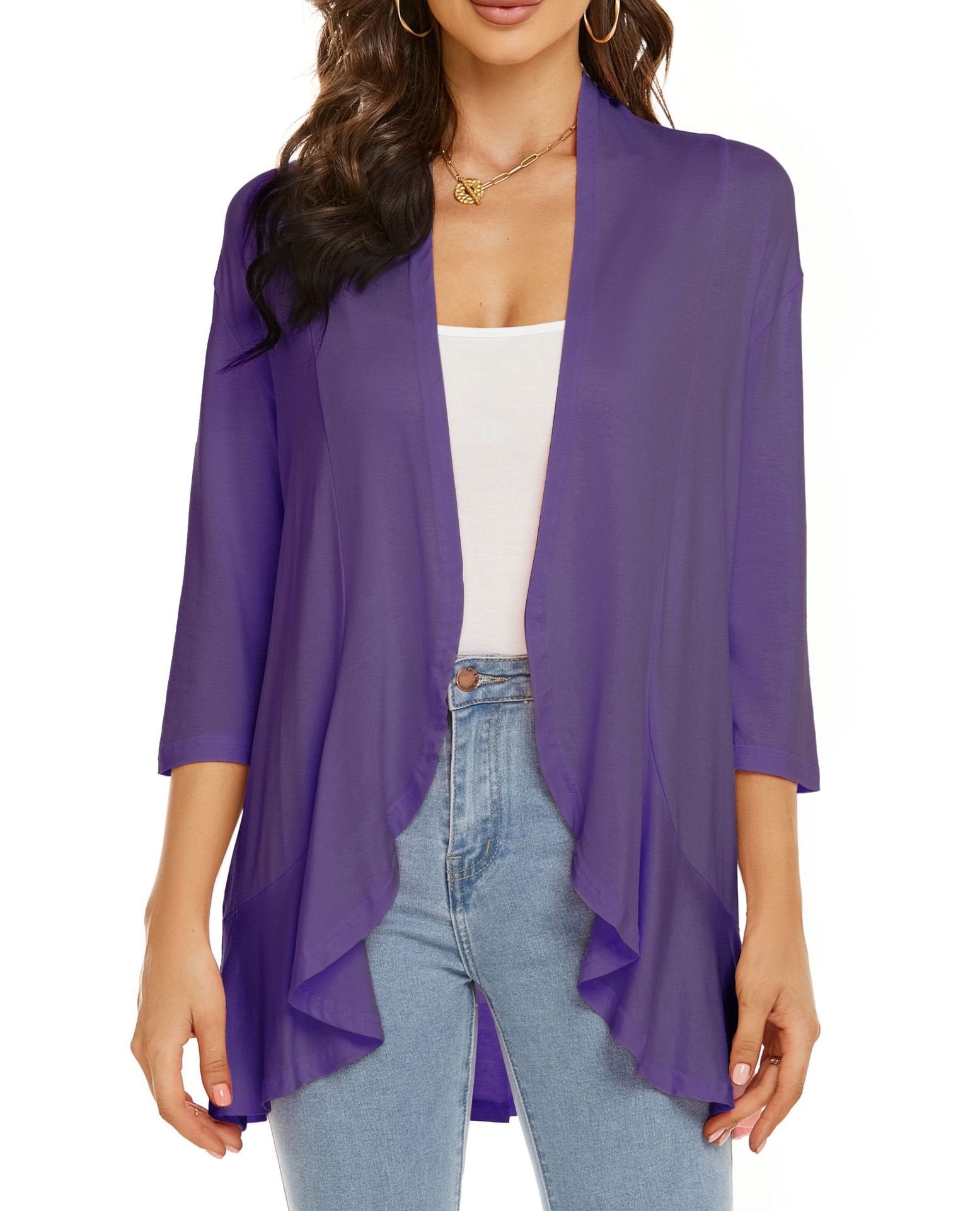 Open Front Draped Cardigan – Women's 3/4 Sleeve Lightweight Layer