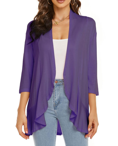 Open Front Draped Cardigan – Women's 3/4 Sleeve Lightweight Layer