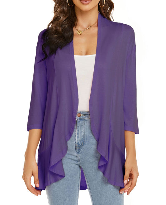 Open Front Draped Cardigan – Women's 3/4 Sleeve Lightweight Layer