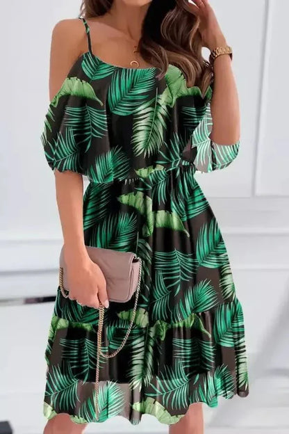 Women's Cold Shoulder Midi Dress – Floral Spaghetti Strap Tiered Ruffle Summer Dress