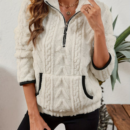 Sherpa Fleece Half-Zip Pullover – Textured Long Sleeve with Kangaroo Pocket