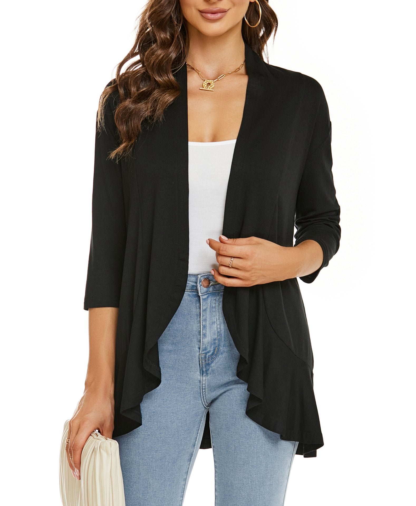Open Front Draped Cardigan – Women's 3/4 Sleeve Lightweight Layer