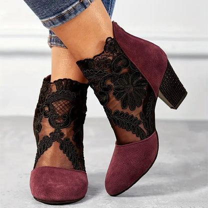 Floral Lace Ankle Boots – Block Heel Pointed Toe Booties