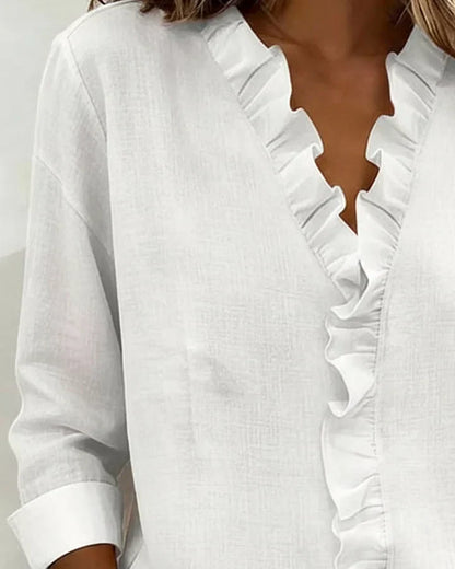Ruffle V-Neck Long Sleeve Blouse – Relaxed Fit Casual Top