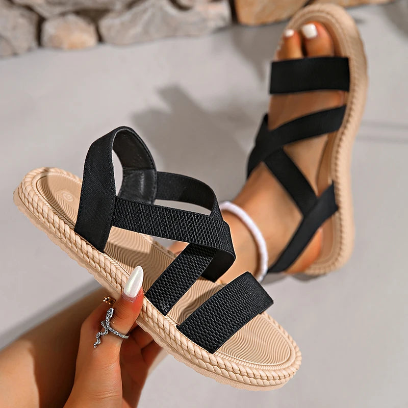 Elastic Strap Espadrille Flatform Sandals – Cross-Band Open Toe Summer