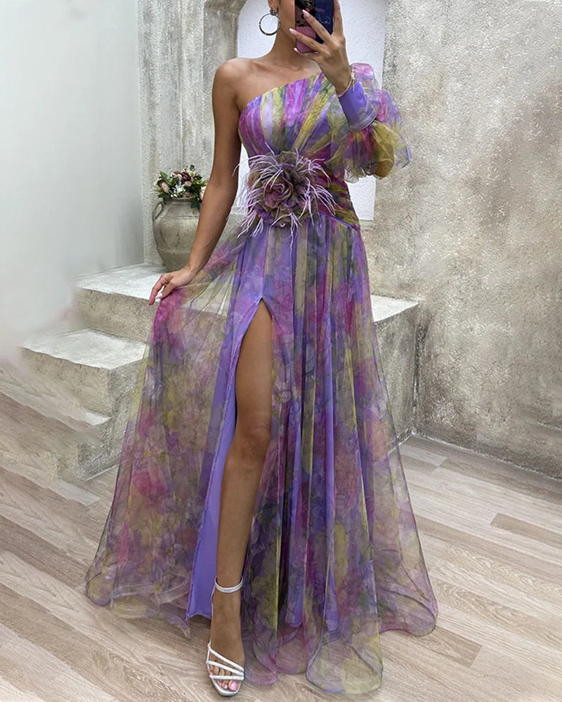 Women's One Shoulder Floral Maxi Dress – Ruched Waist Long Dress