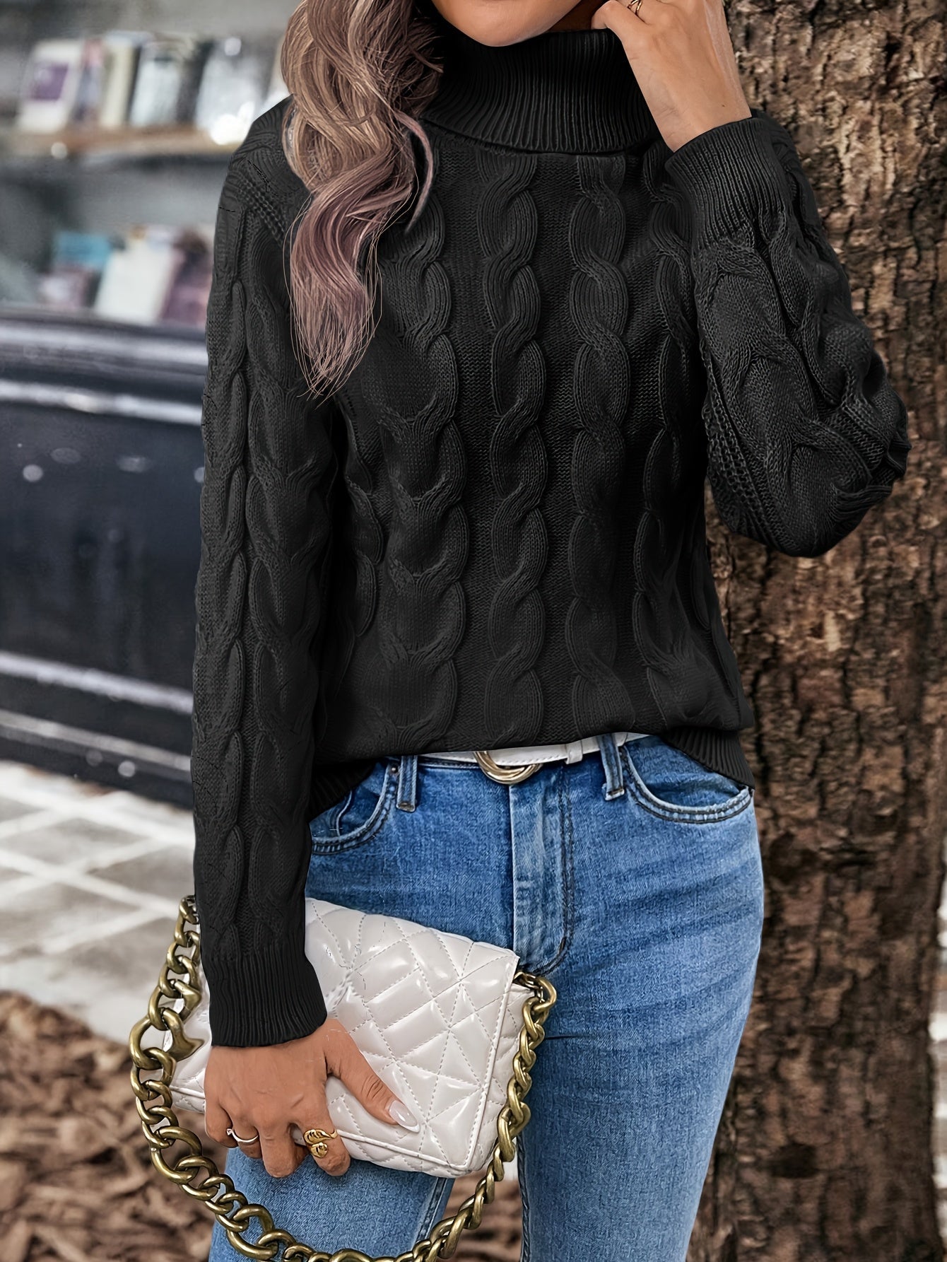 Cable Knit Turtleneck Sweater – Women's Long Sleeve Pullover