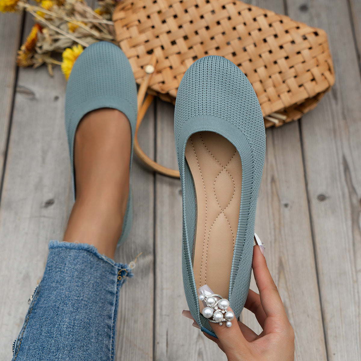 Knit Slip-On Ballet Flats – Round Toe Cushioned Everyday Flats