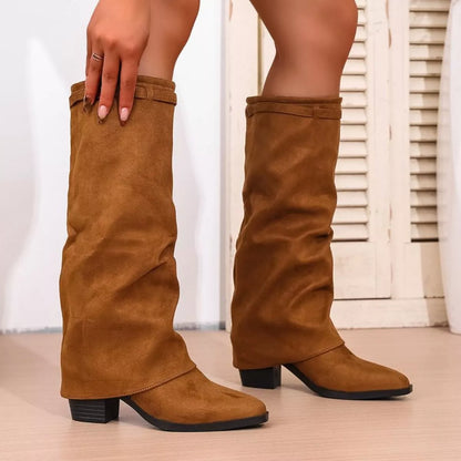 Slouchy Knee High Boots – Pointed Toe Block Heel Fold-Over