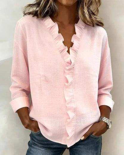 Ruffle V-Neck Long Sleeve Blouse – Relaxed Fit Casual Top