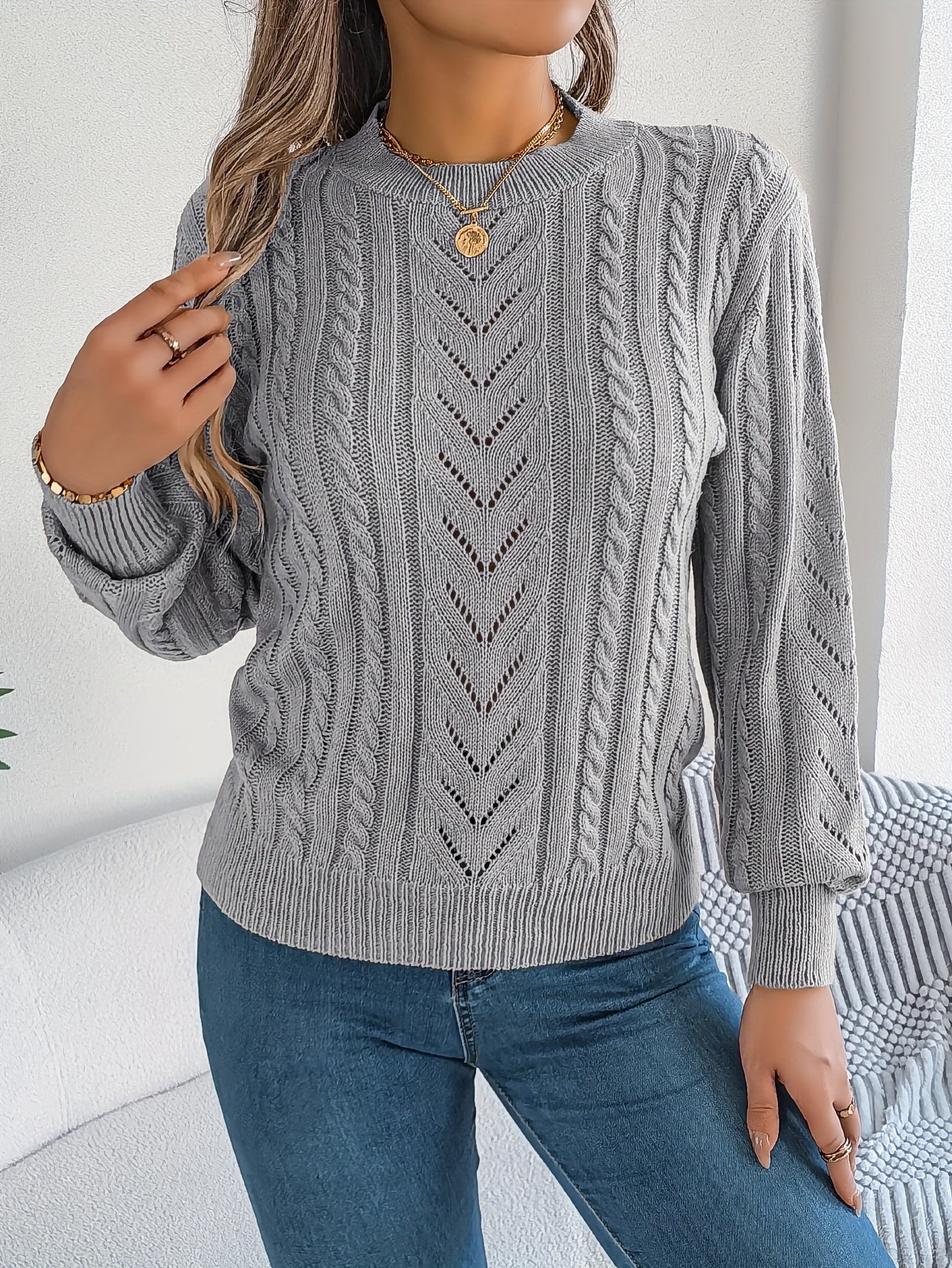 Cable Knit Openwork Pullover Sweater – Crewneck Long Sleeve Relaxed Fit