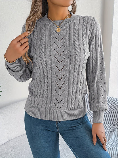 Cable Knit Openwork Pullover Sweater – Crewneck Long Sleeve Relaxed Fit