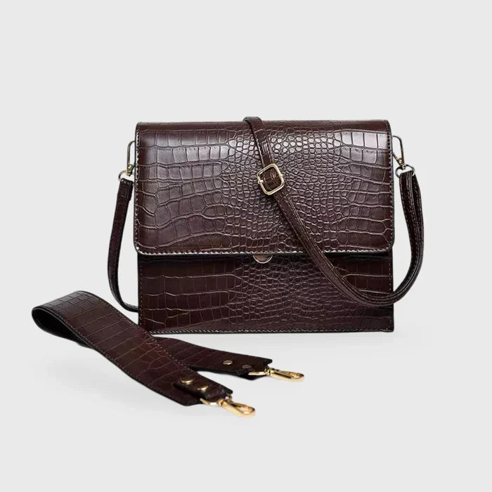 Croc-Embossed Vegan Leather Crossbody Bag – Structured Flap Shoulder Bag