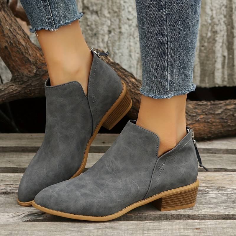 Pointed Toe Ankle Boots Block Heel – V-Cutout Back Zip Booties
