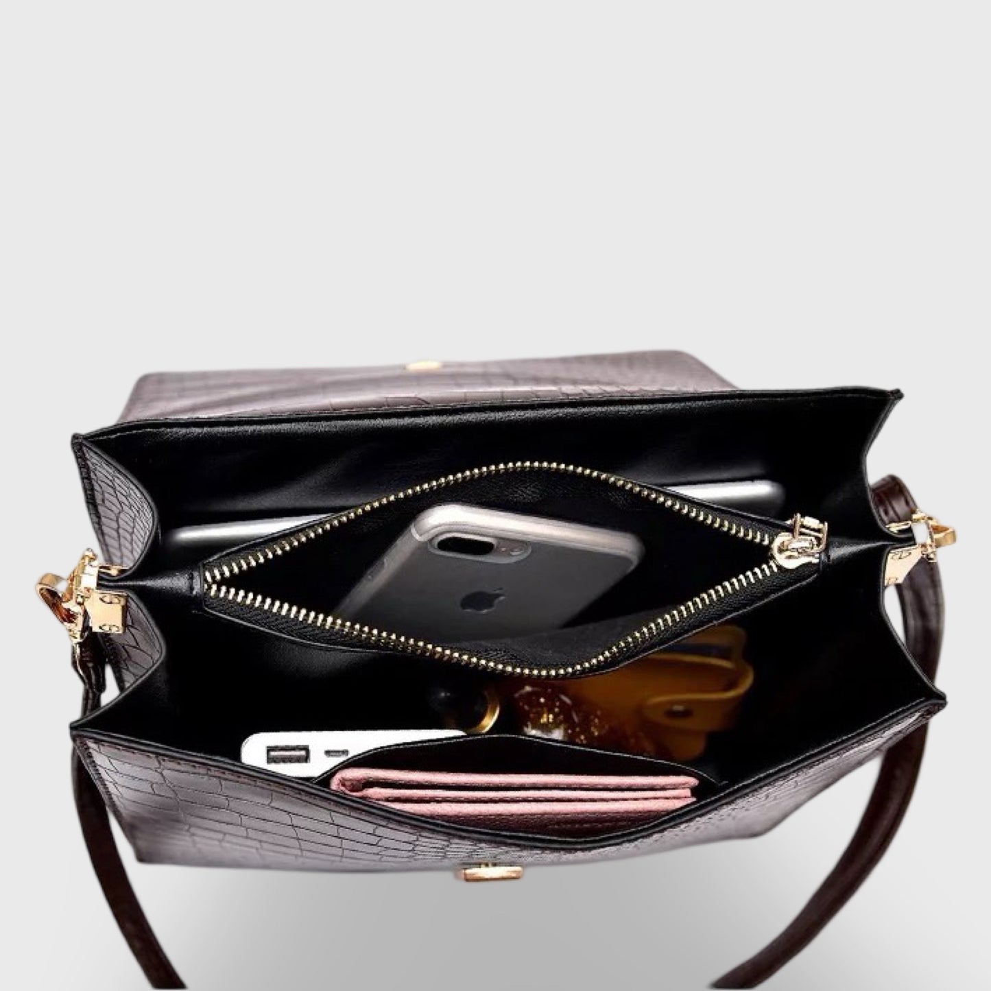 Croc-Embossed Vegan Leather Crossbody Bag – Structured Flap Shoulder Bag