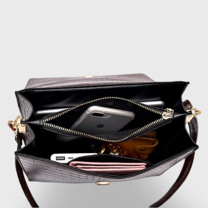 Croc-Embossed Vegan Leather Crossbody Bag – Structured Flap Shoulder Bag