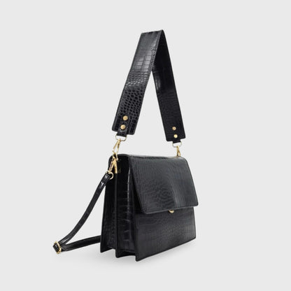 Croc-Embossed Vegan Leather Crossbody Bag – Structured Flap Shoulder Bag