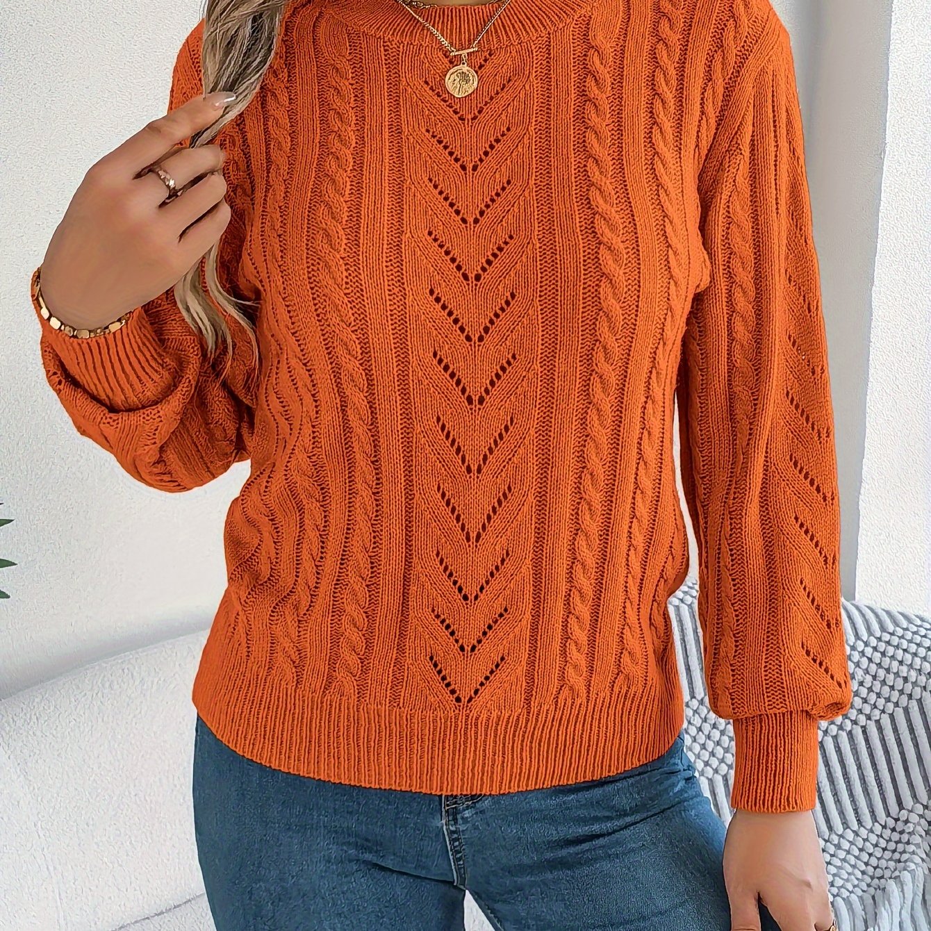 Cable Knit Openwork Pullover Sweater – Crewneck Long Sleeve Relaxed Fit